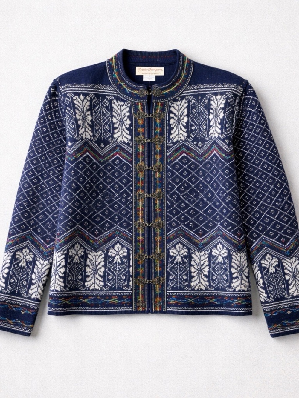 Norm Thompson Navy Blue Fair Isle Zip Cardigan with Embroidered Accents